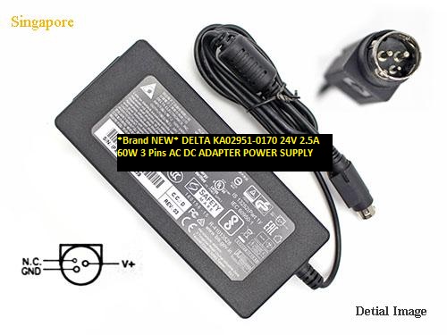 *Brand NEW* DELTA 24V 2.5A KA02951-0170 60W 3 Pins AC DC ADAPTER POWER SUPPLY